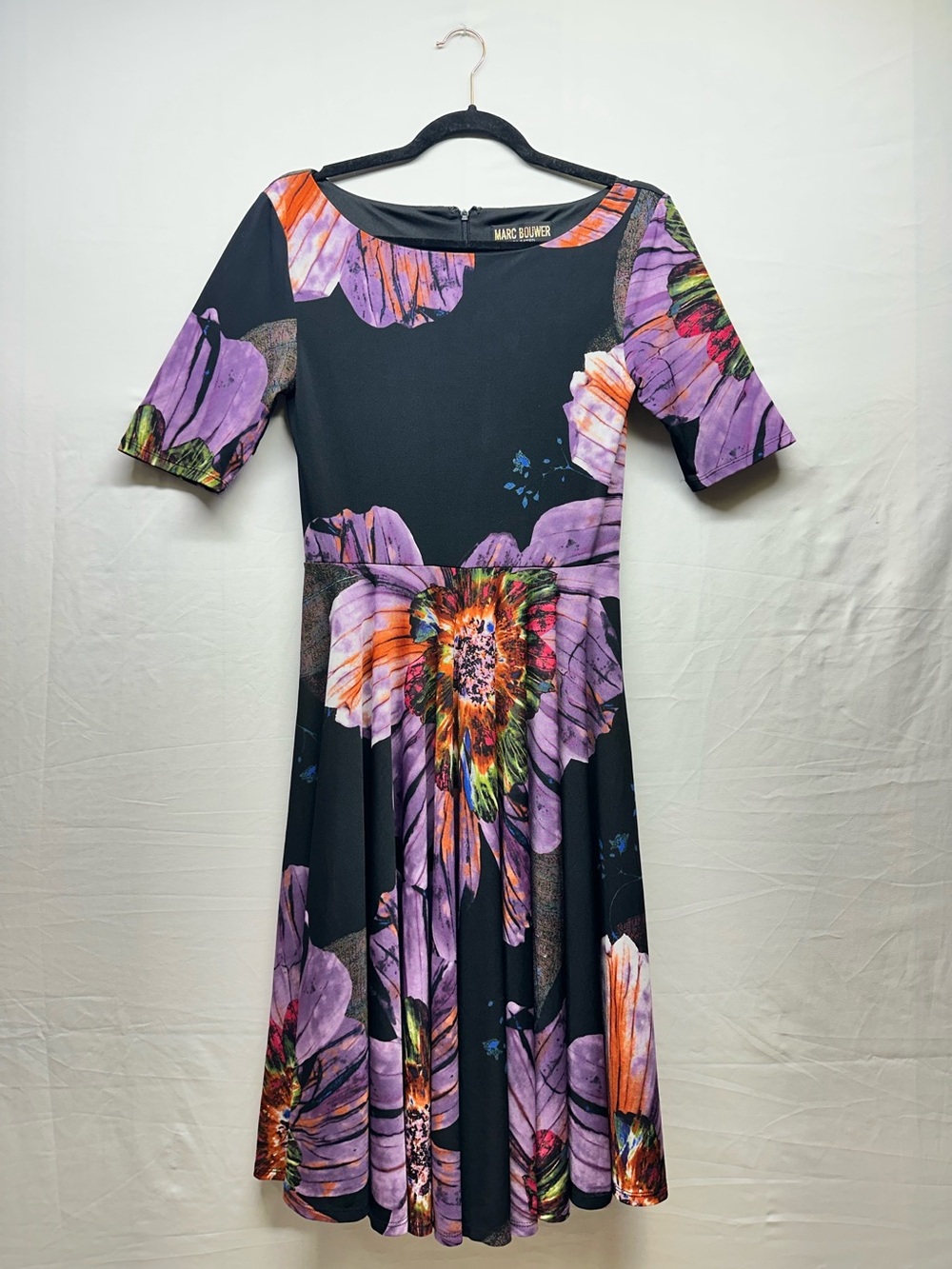 Marc Bouwer Black Dress with Purple, Orange & Green Floral Print